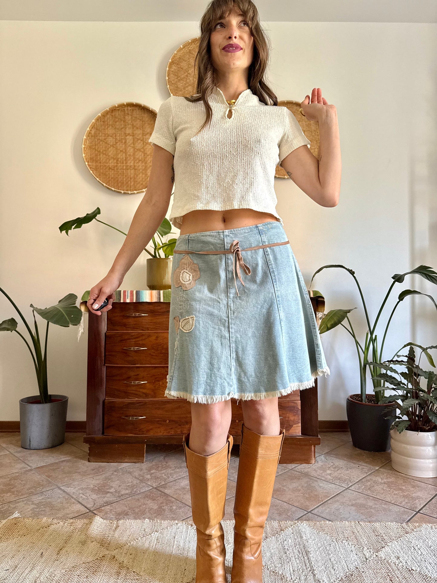 Y2K vintage denim skirt with beige floral patch detailing