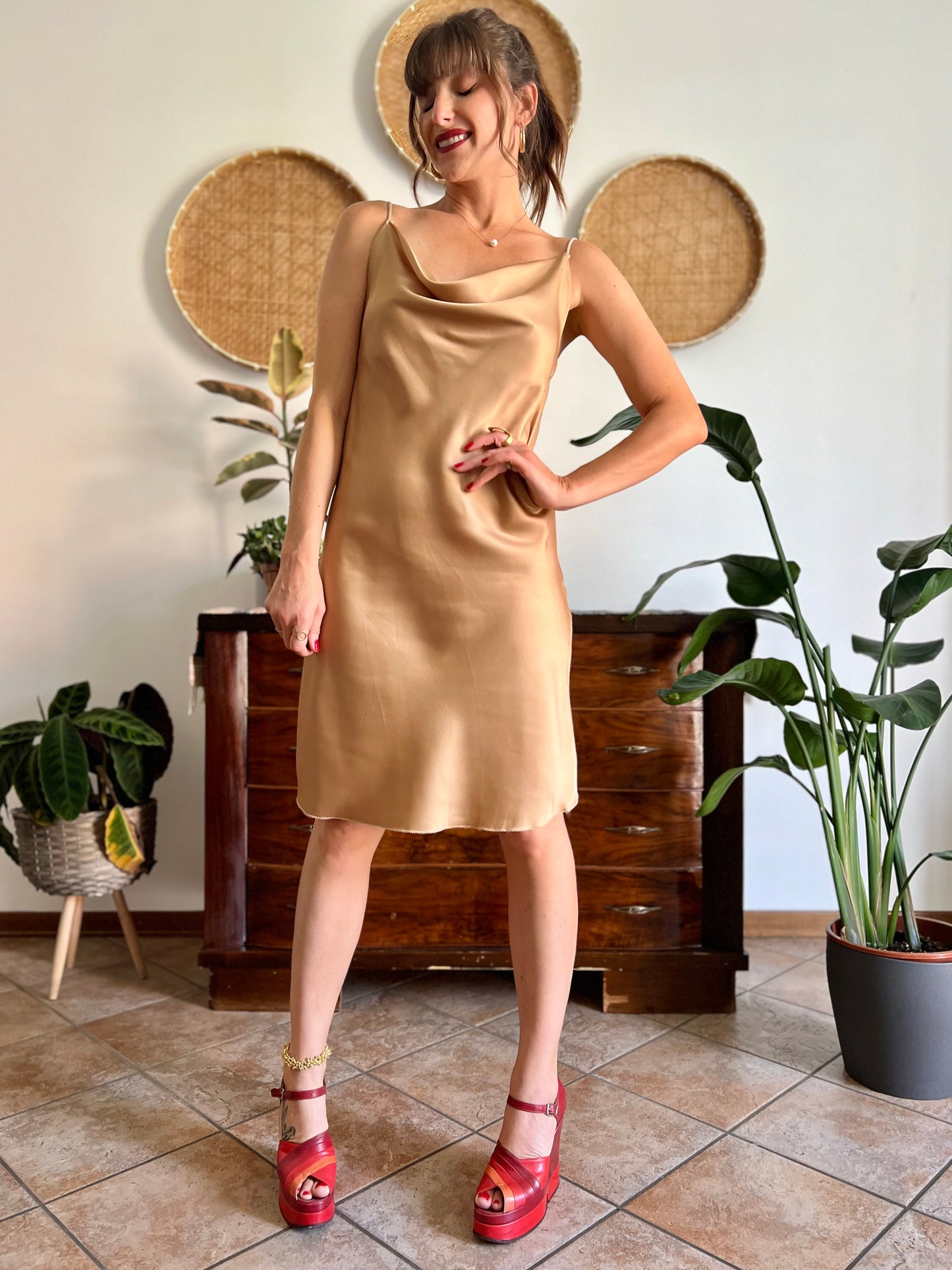 1990's vintage tan satin slip midi dress with cowl neck