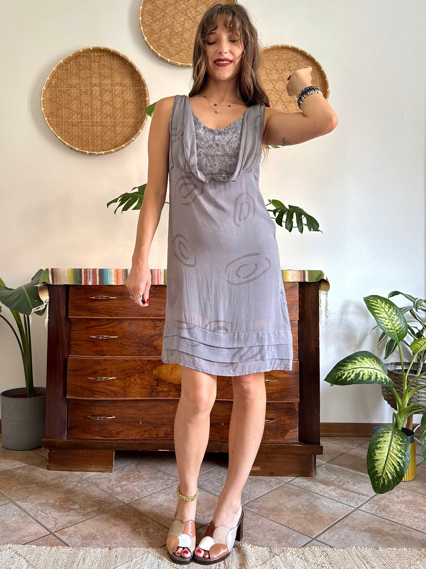 1990’s vintage grey silk mini slip dress with geometric pattern and silver textured details