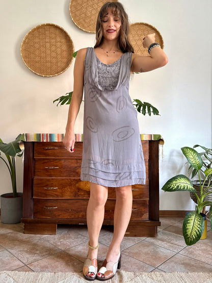 1990’s vintage grey silk mini slip dress with geometric pattern and silver textured details