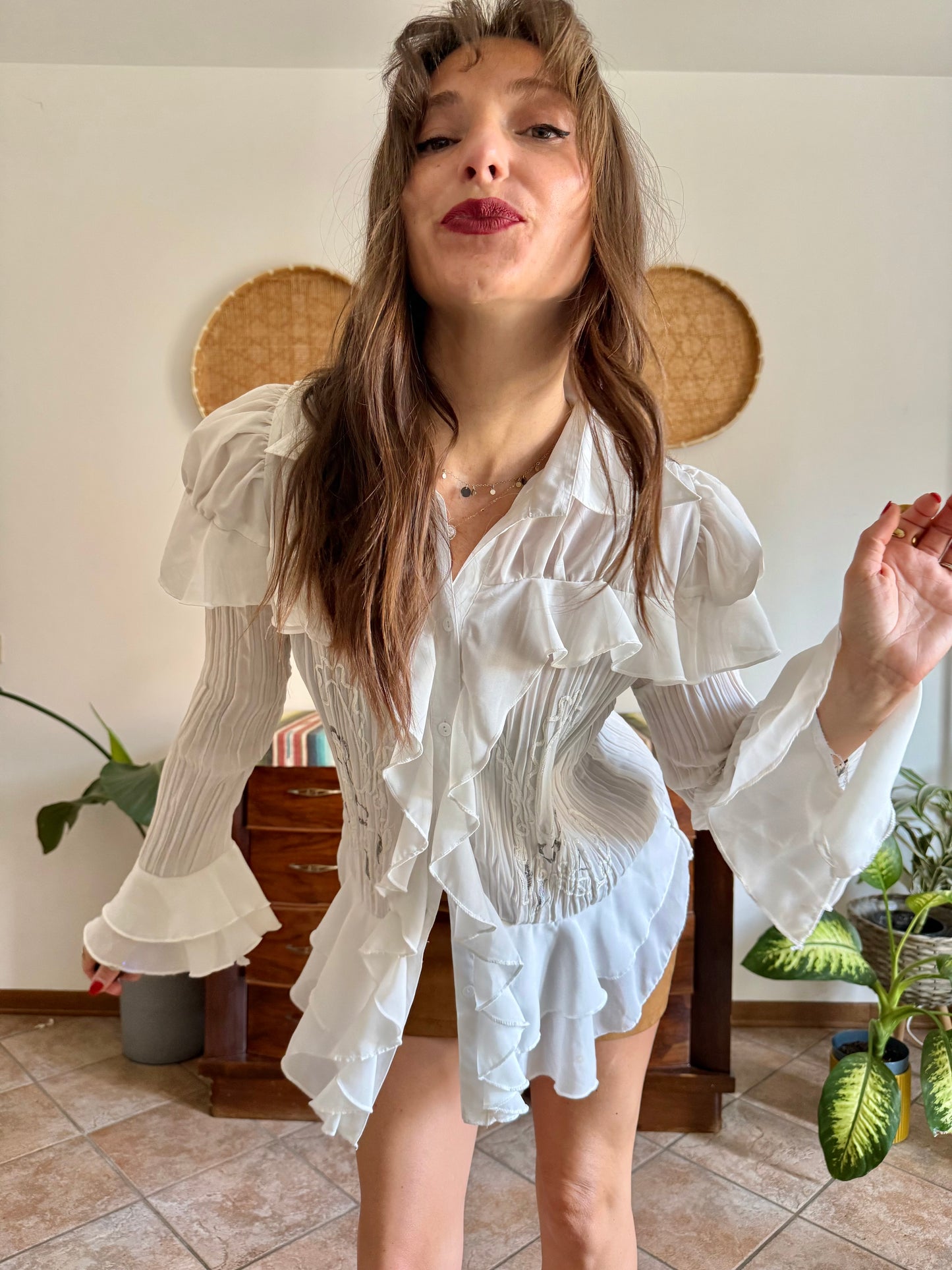 1990’s vintage sheer white silk blend textured ruffle blouse with bell sleeves and floral embroider