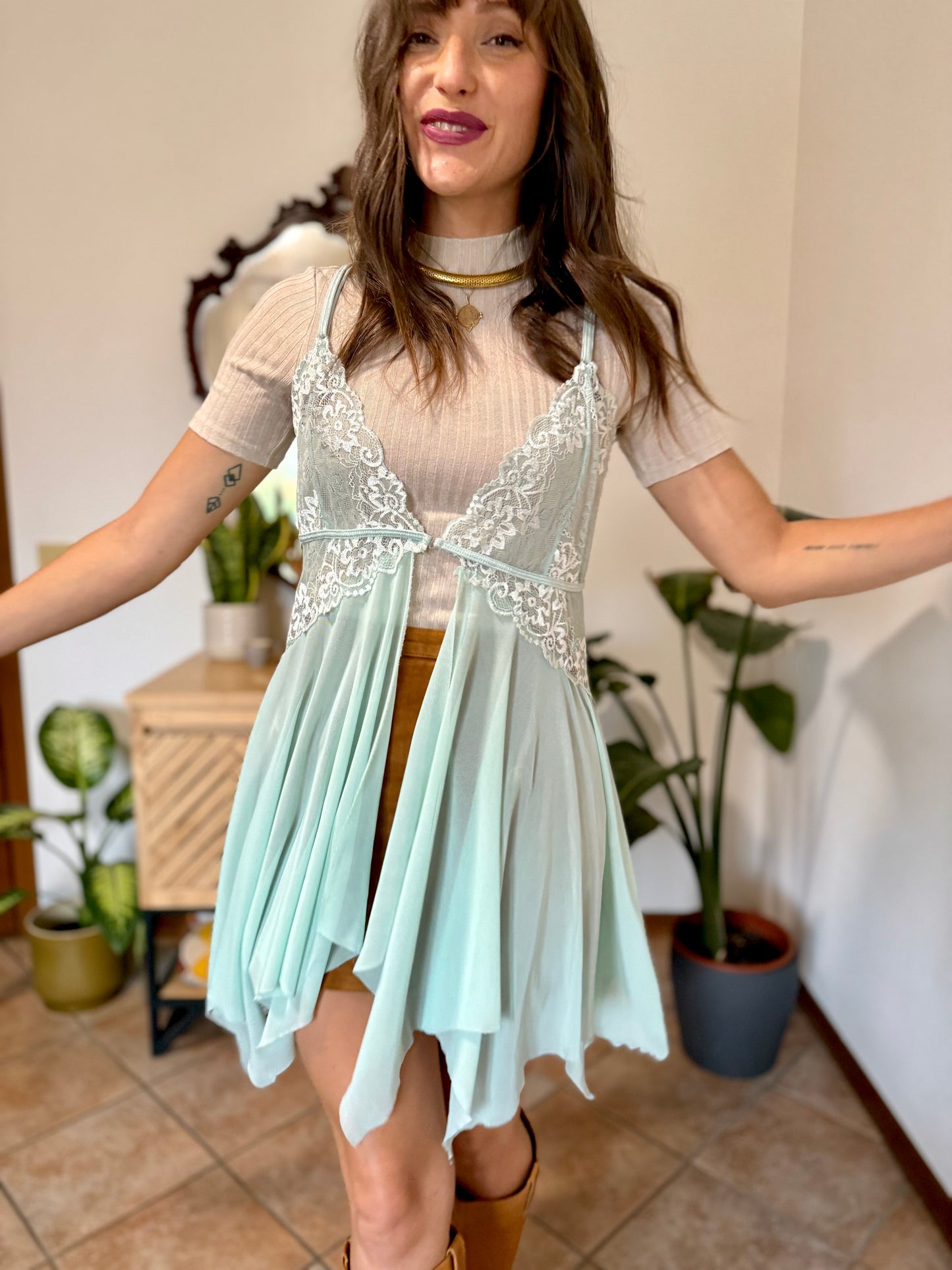 Y2K vintage asymmetrical light turquoise and lace slip