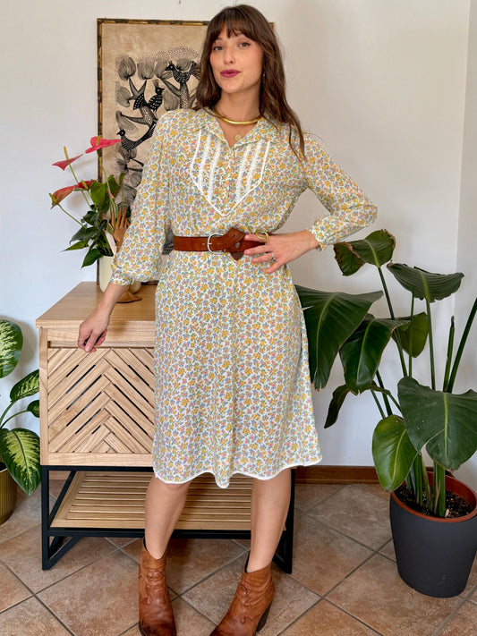 1970’s vintage yellow and blue floral print prairie dress with lace deatails