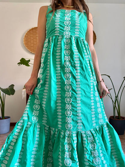 Y2K vintage green prairie maxi dress with white floral embroidery