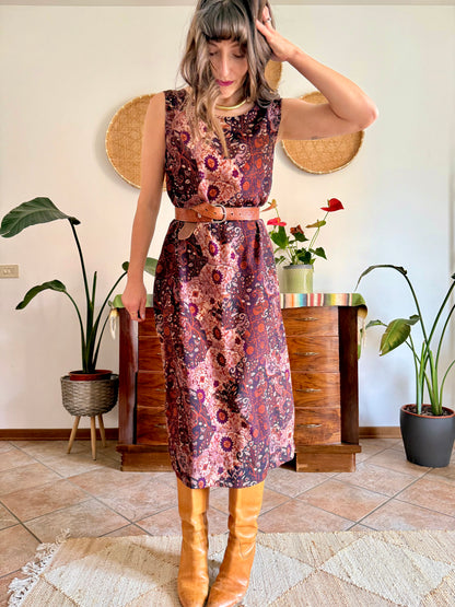 1990’s vintage burgundy, pink and orange floral paisley print maxi dress