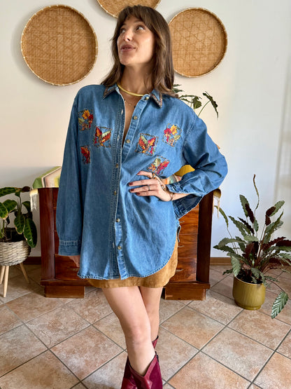 1990's vintage denim shirt with red, yellow and green embroidered autumn leaves
