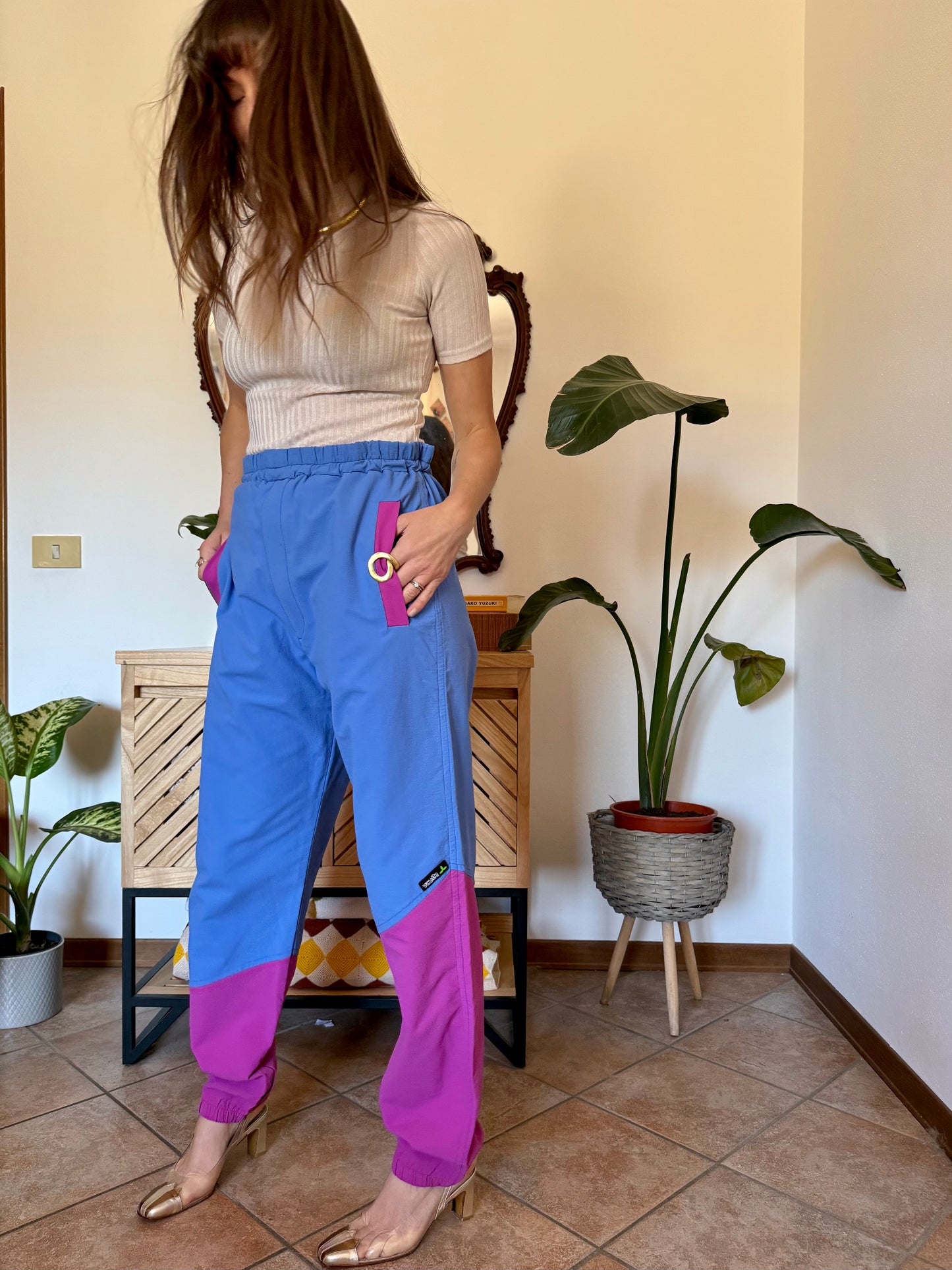 1990’s vintage blue and fuchsia wind breaker pants