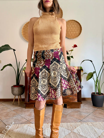 Y2K vintage burgundy, tan and black geometric print midi skirt