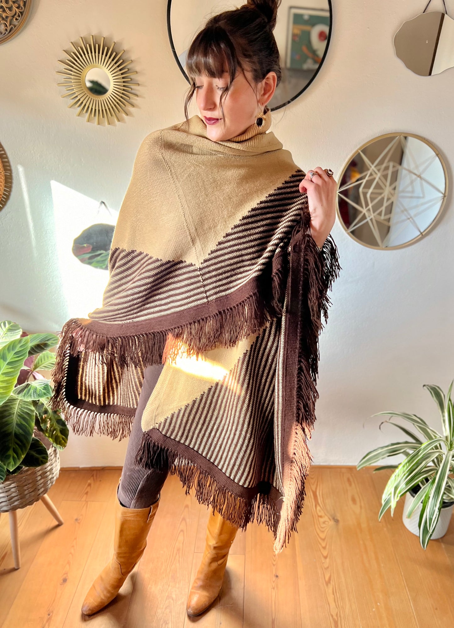 1970's vintage hand knit tan and chocolate brown geometric knit poncho with fringe detail