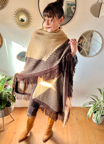 1970's vintage hand knit tan and chocolate brown geometric knit poncho with fringe detail