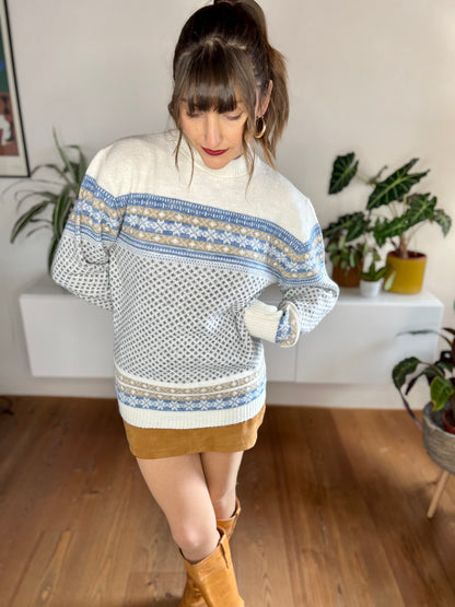 1970's vintage cream and blue fair isle knit pullover