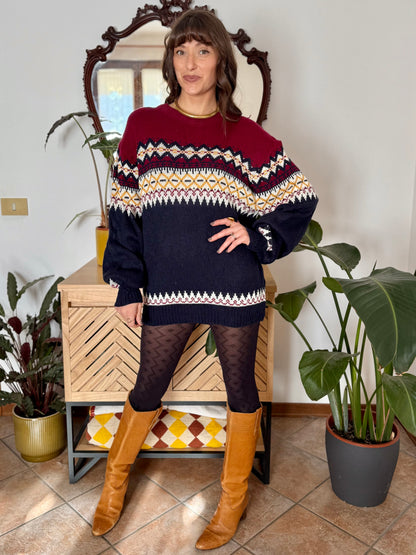 1980's vintage burgundy, navy and mustard yellow knit pullover dress