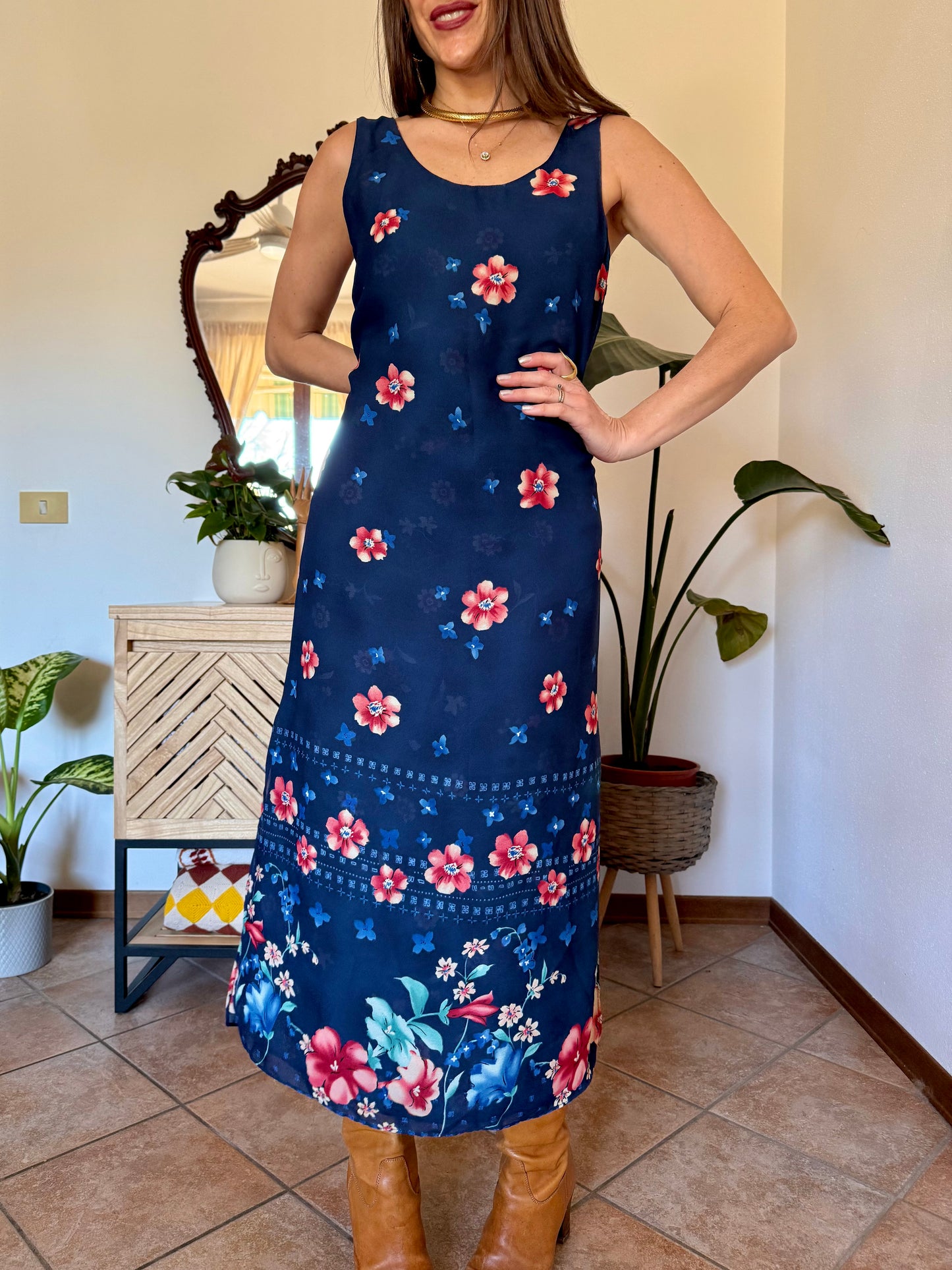 1990's vintage reversible navy blue floral print maxi dress
