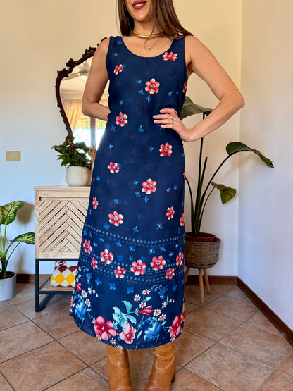 1990's vintage reversible navy blue floral print maxi dress