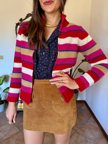 1990's vintage red, pink and blue stripe zip up wool knit cardigan