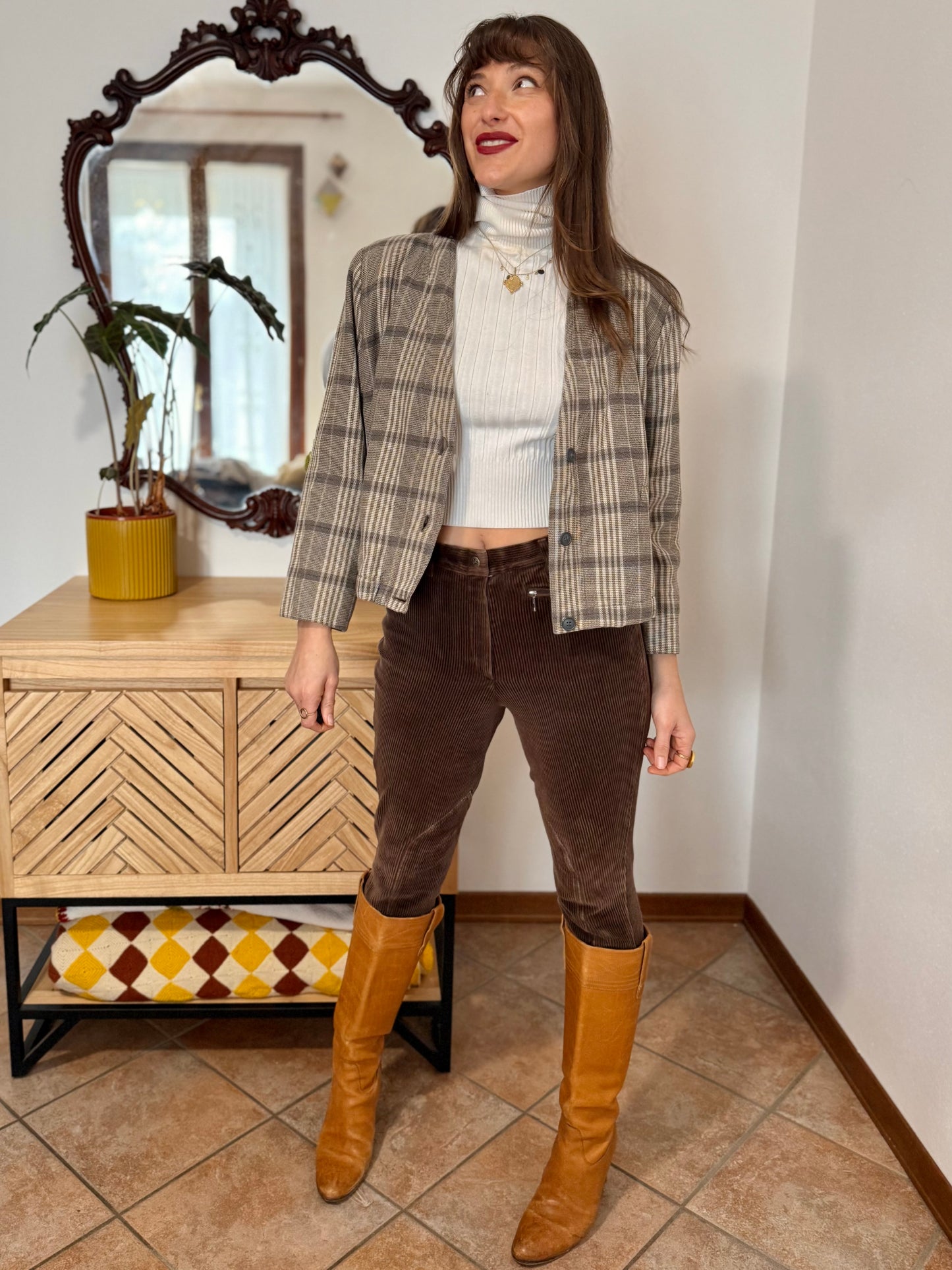 1970's vintage brown and cream plaid cropped blazer