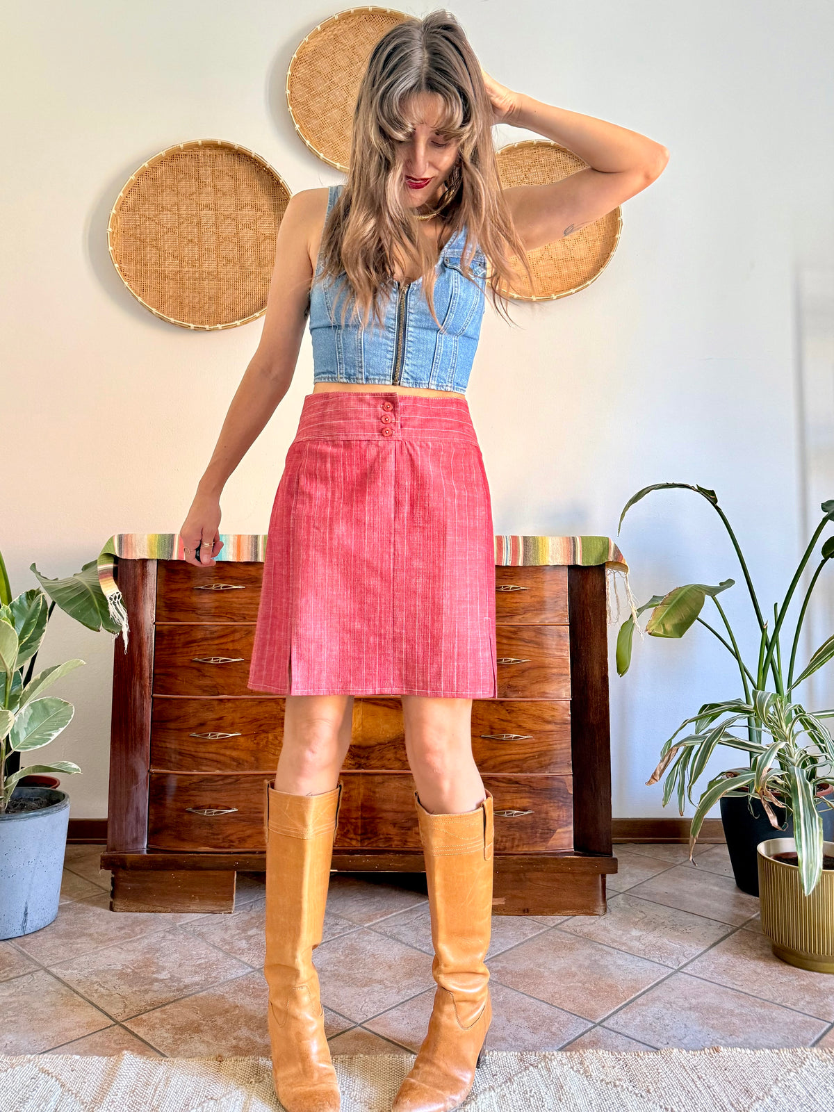 1990's vintage red and white pin stripe textured mini skirt