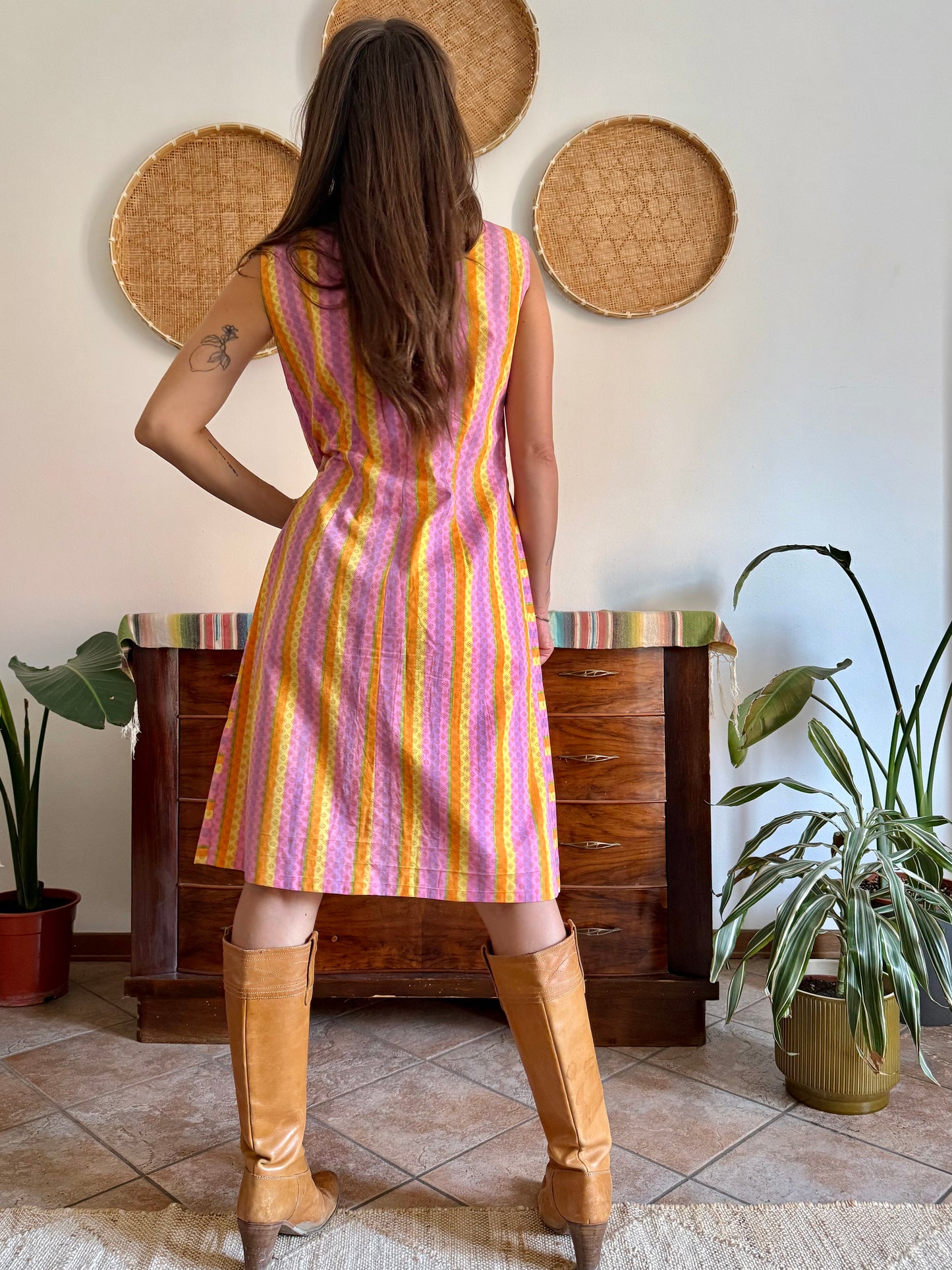 1960’s vintage pink and yellow striped geometric hand block printed midi dress