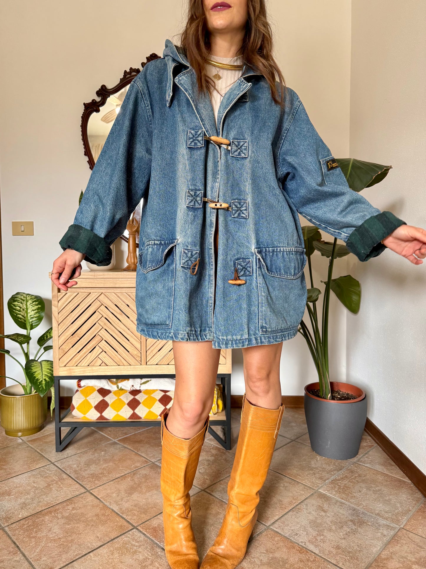 1990’s vintage denim duffle coat with green and navy plaid lining