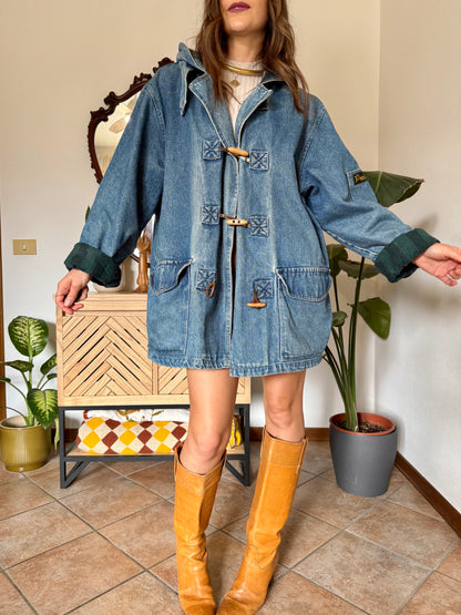 1990’s vintage denim duffle coat with green and navy plaid lining