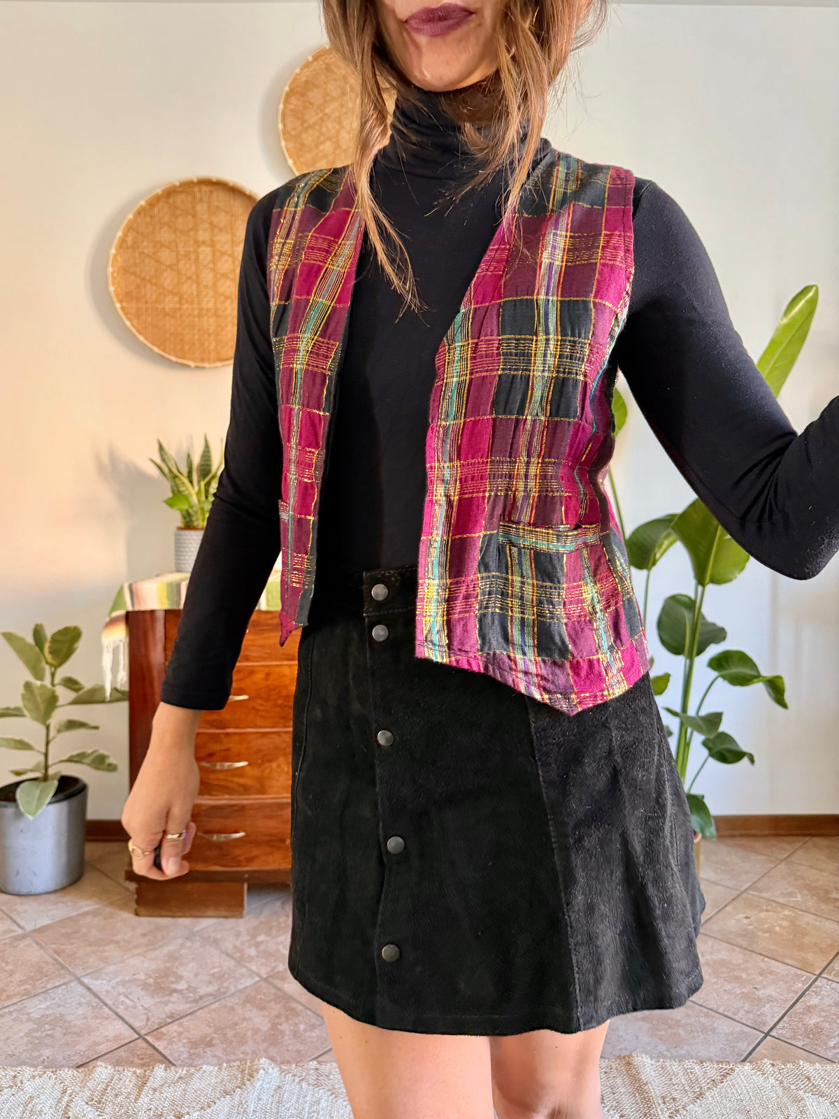 1970’s vintage fuchsia, black and gold plaid vest