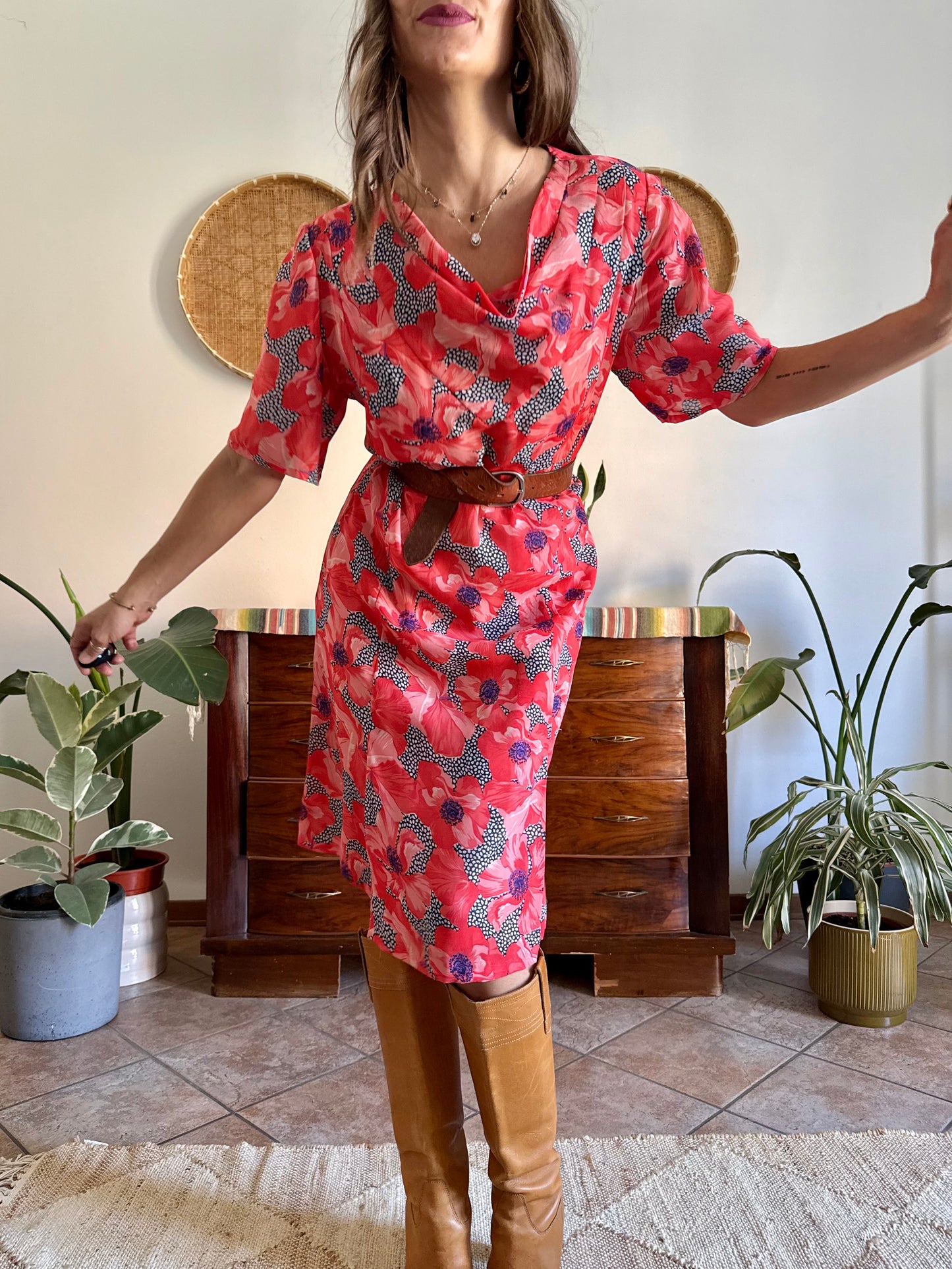 1960’s vintage punk and purple floral print midi dress with cowl neck