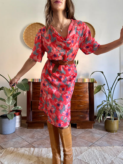 1960’s vintage punk and purple floral print midi dress with cowl neck