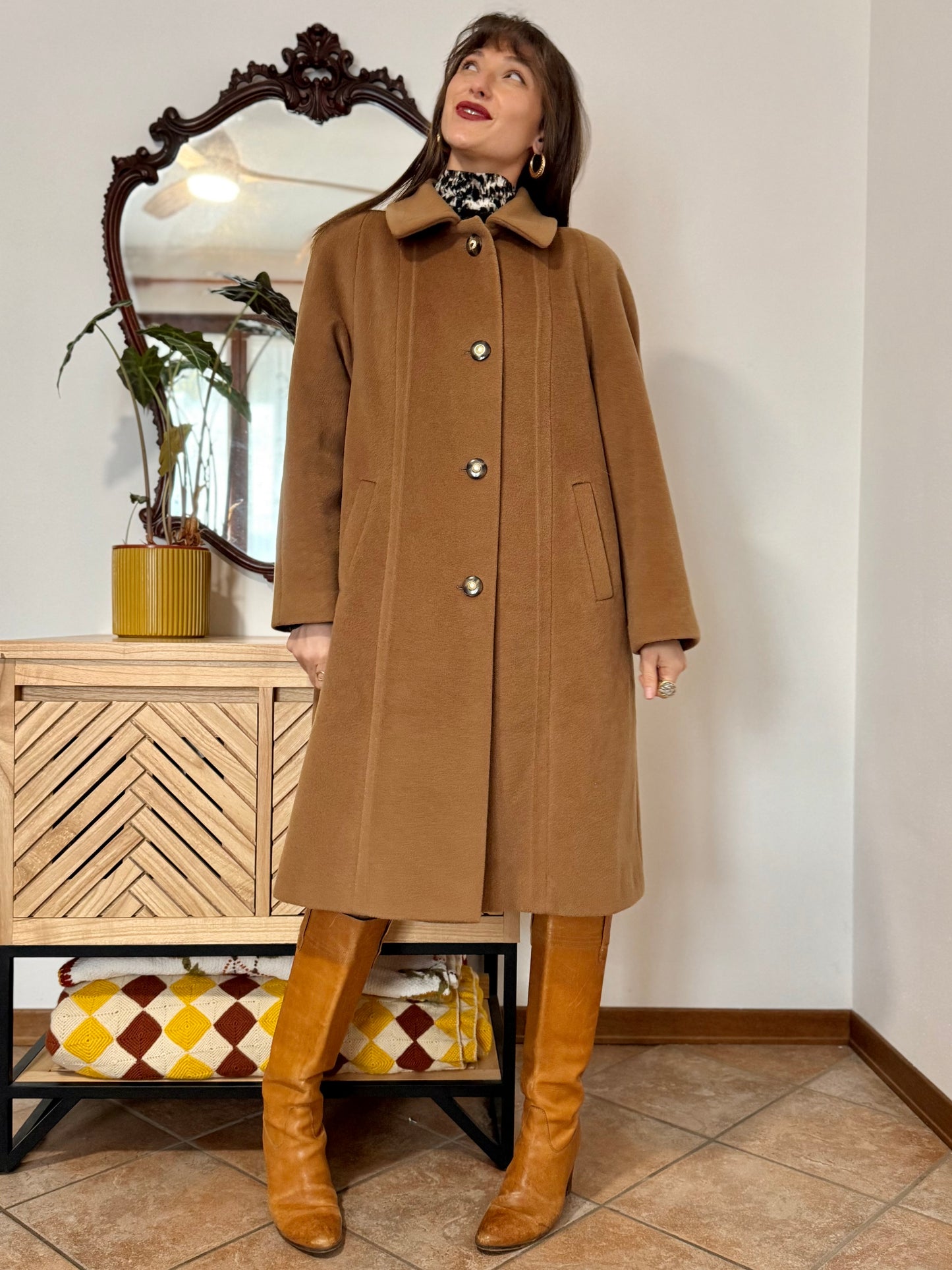 1970’s vintage tan wool overcoat with oversize button details