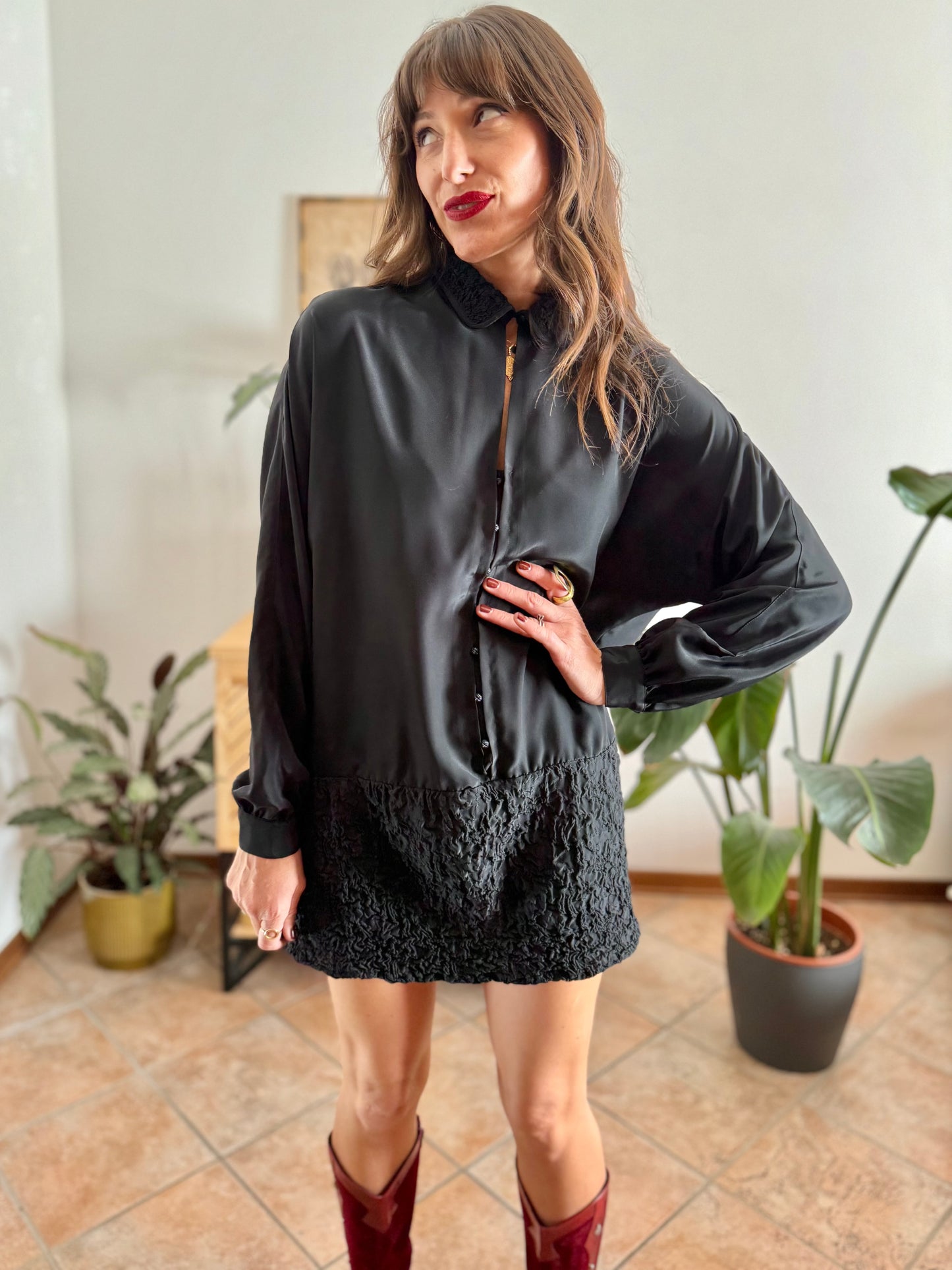 1960’s vintage rouched bottom black satin mini dress