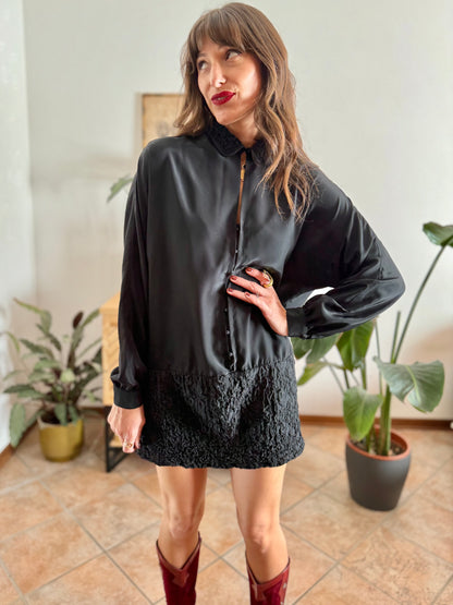 1960’s vintage rouched bottom black satin mini dress