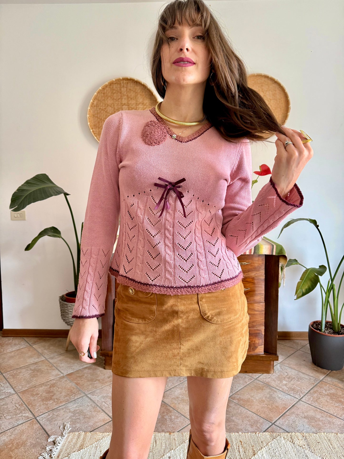Y2K vintage pink knit bell sleeve knit pullover with bow details