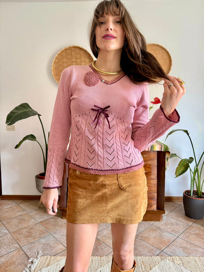 Y2K vintage pink knit bell sleeve knit pullover with bow details