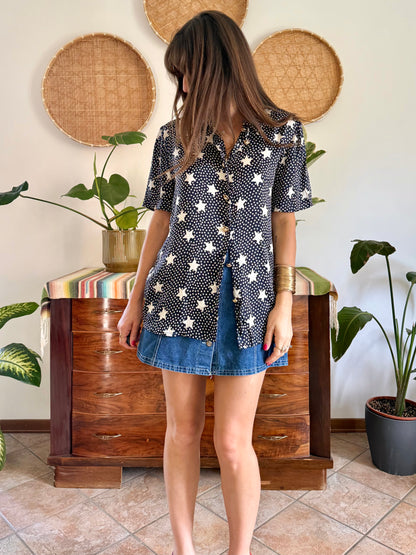1970’s vintage navy blue silk blouse with star print and rhinestone star buttons