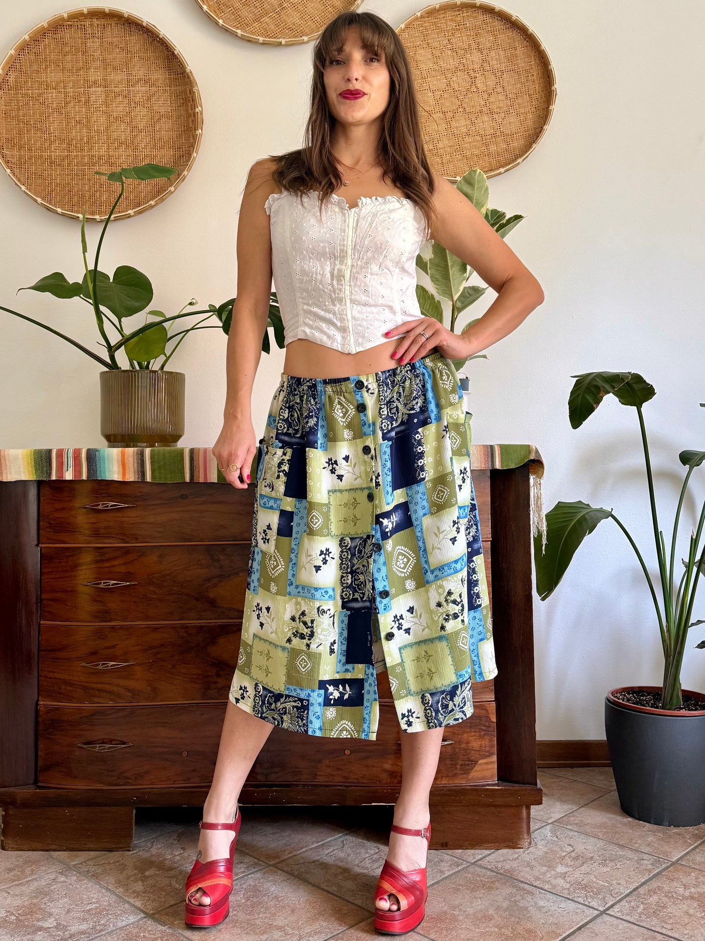 1990’s vintage navy, blue and green textured floral patchwork print midi skirt