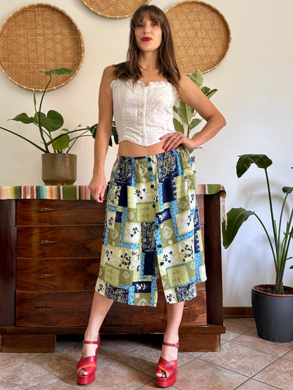 1990’s vintage navy, blue and green textured floral patchwork print midi skirt