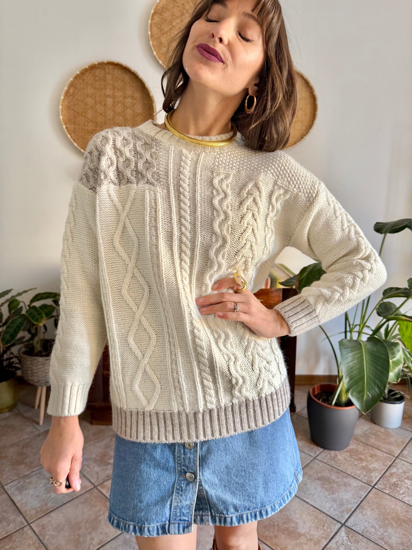 Y2k vintage new with tags cream wool and alpaca blend cable knit pullover