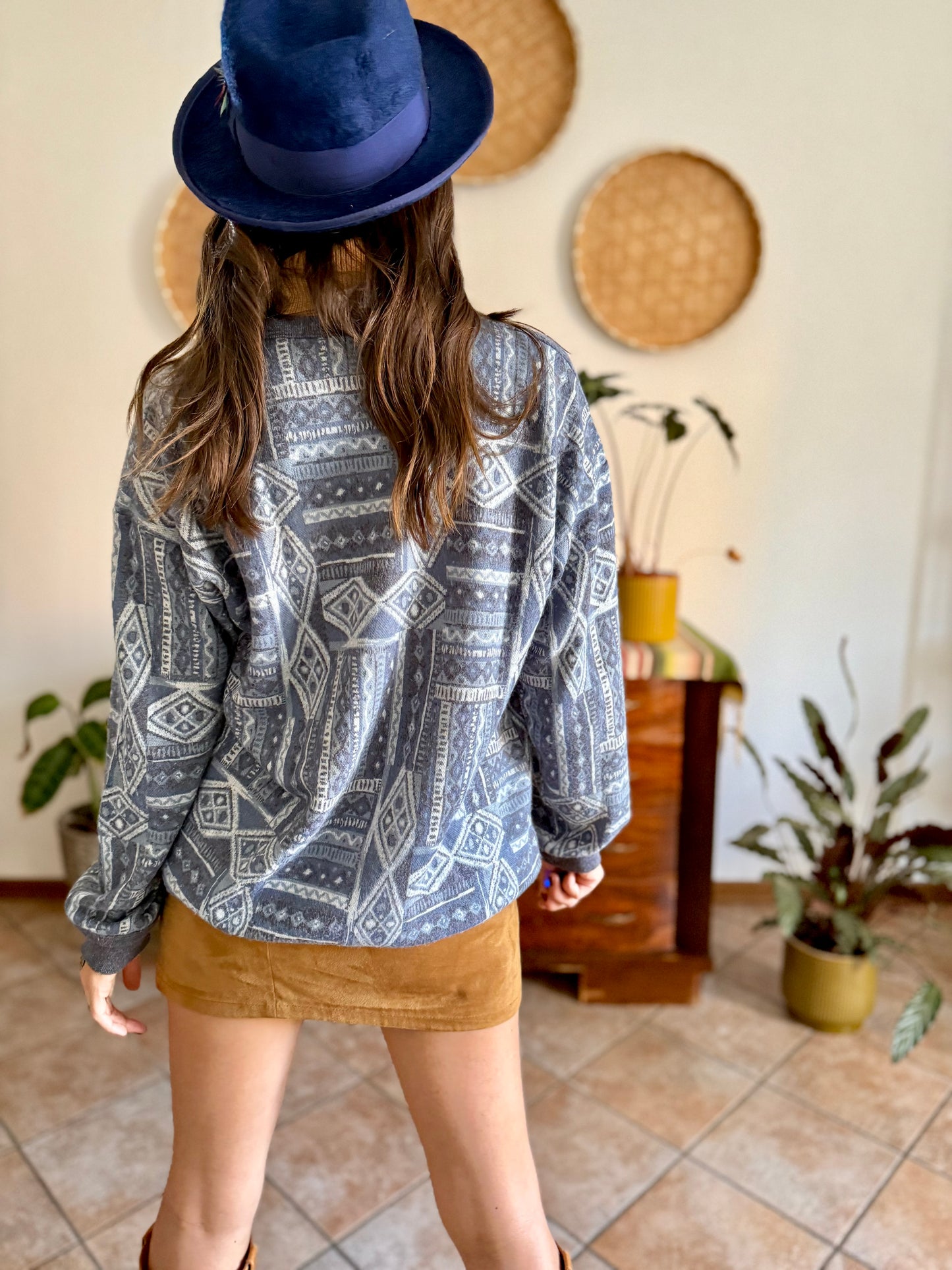 1980's vintage multi tonal blue geometric knit sweatshirt