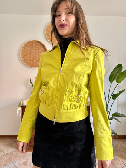 Y2K vintage chartreuse jacket with silver metal details