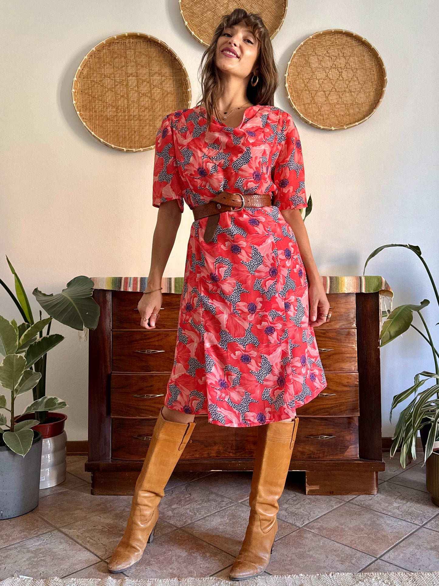 1960’s vintage punk and purple floral print midi dress with cowl neck