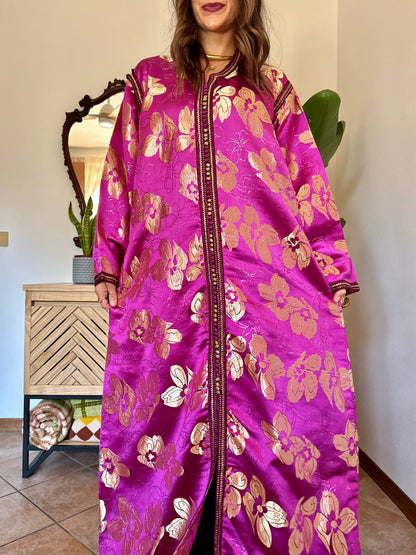 1970’s vintage fuchsia and gold floral weave brocade satin maxi dress