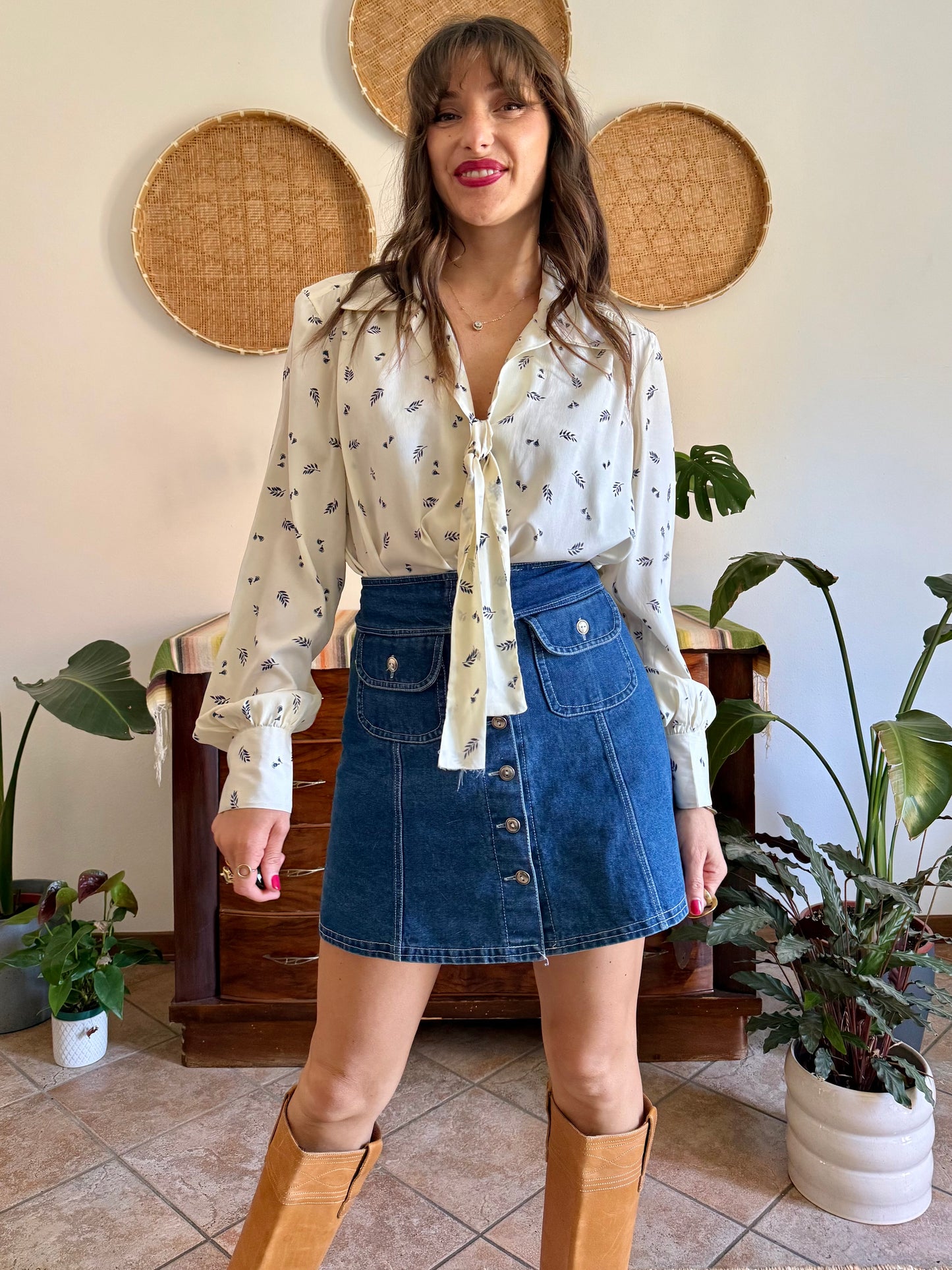 1970’s vintage cream with navy blue floral bow tie silk blouse