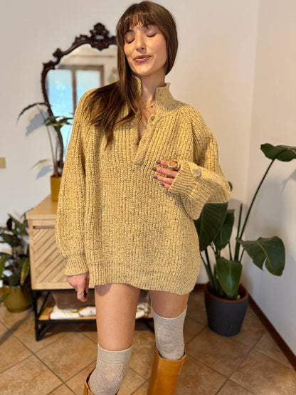 1970's vintage yellow thick knit wool pullover with grey flecks throughout