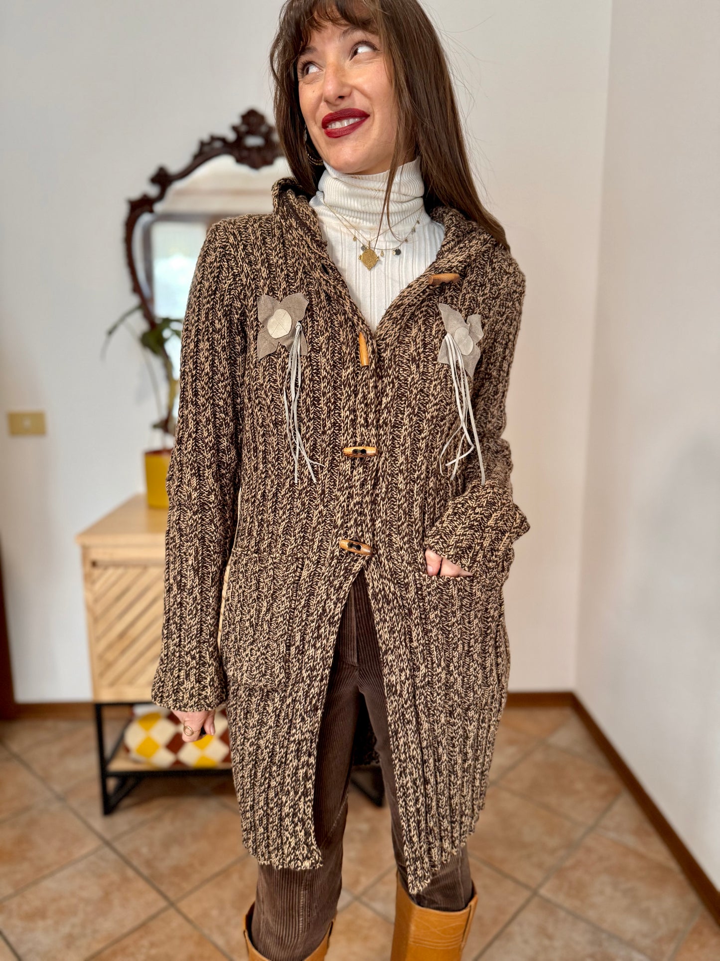Y2K vintage chocolate brown and tan knit duster cardigan with suede flower details