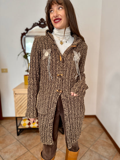 Y2K vintage chocolate brown and tan knit duster cardigan with suede flower details