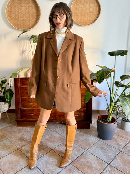 1970's vintage chocolate brown oversize wool jacket with gold metal details