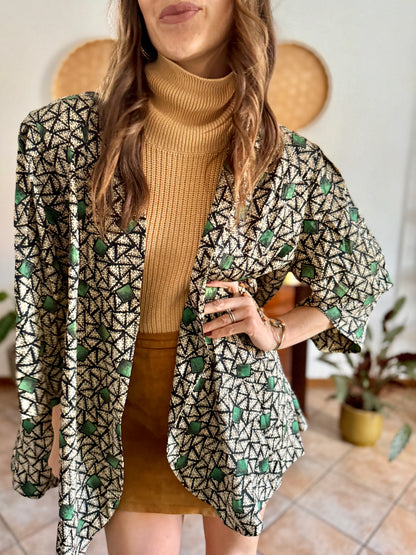 1970's vintage tan, black and green geometric print satin jacket