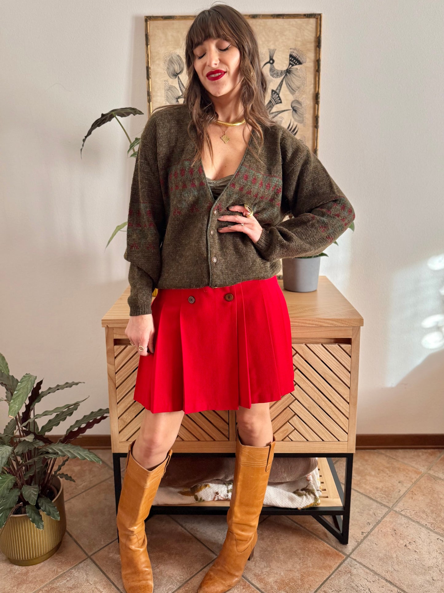 1990’s vintage green, red and khaki geometric knit wool and alpaca blend cardigan