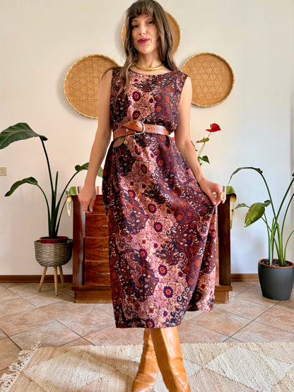 1990’s vintage burgundy, pink and orange floral paisley print maxi dress