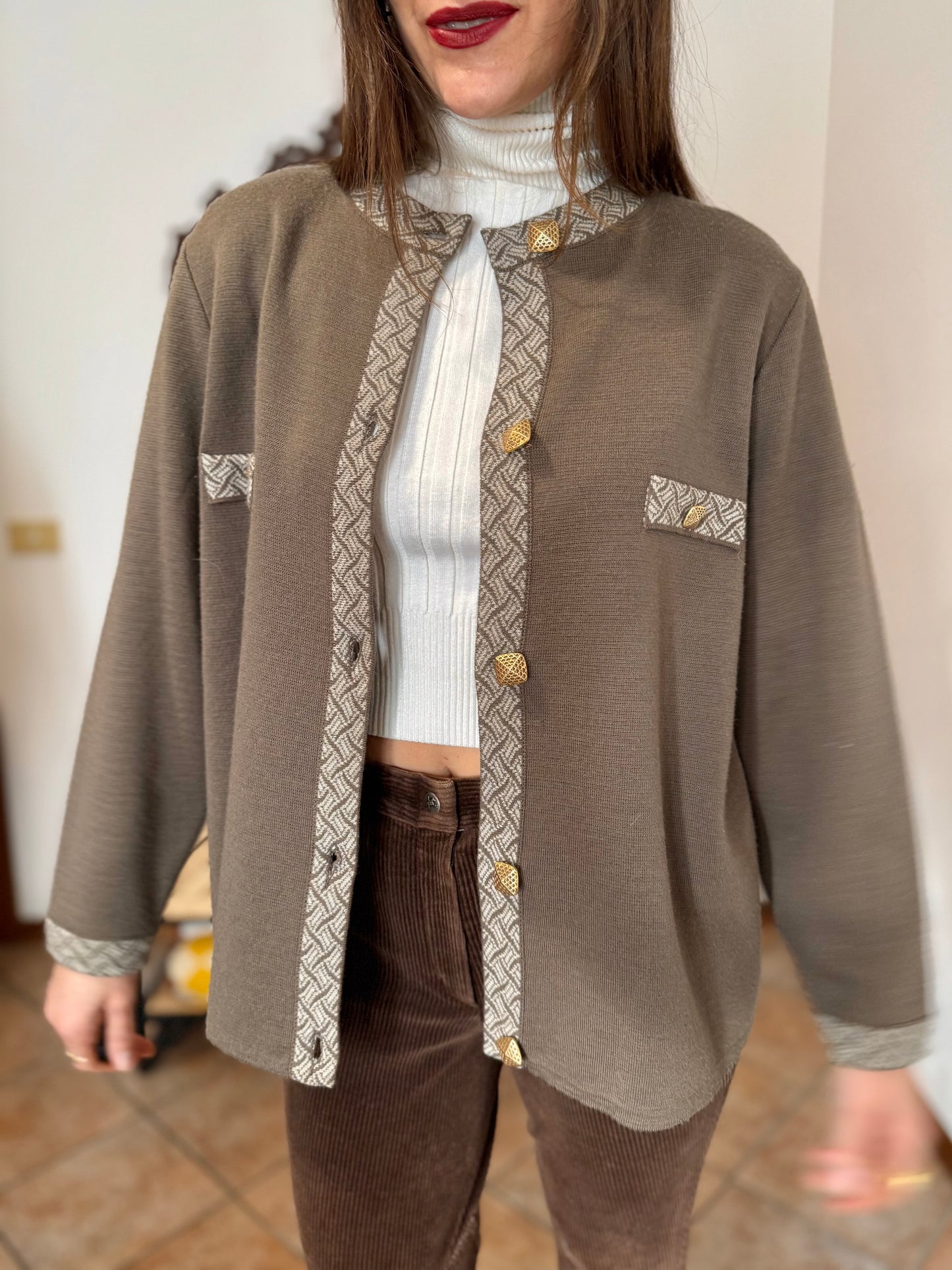 1980's vintage khaki wool cardigan with cream geometric knit pattern and square brass buttons
