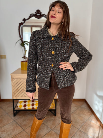 1990’s vintage black, khaki and cream boucle wool with gold and yellow glass buttons